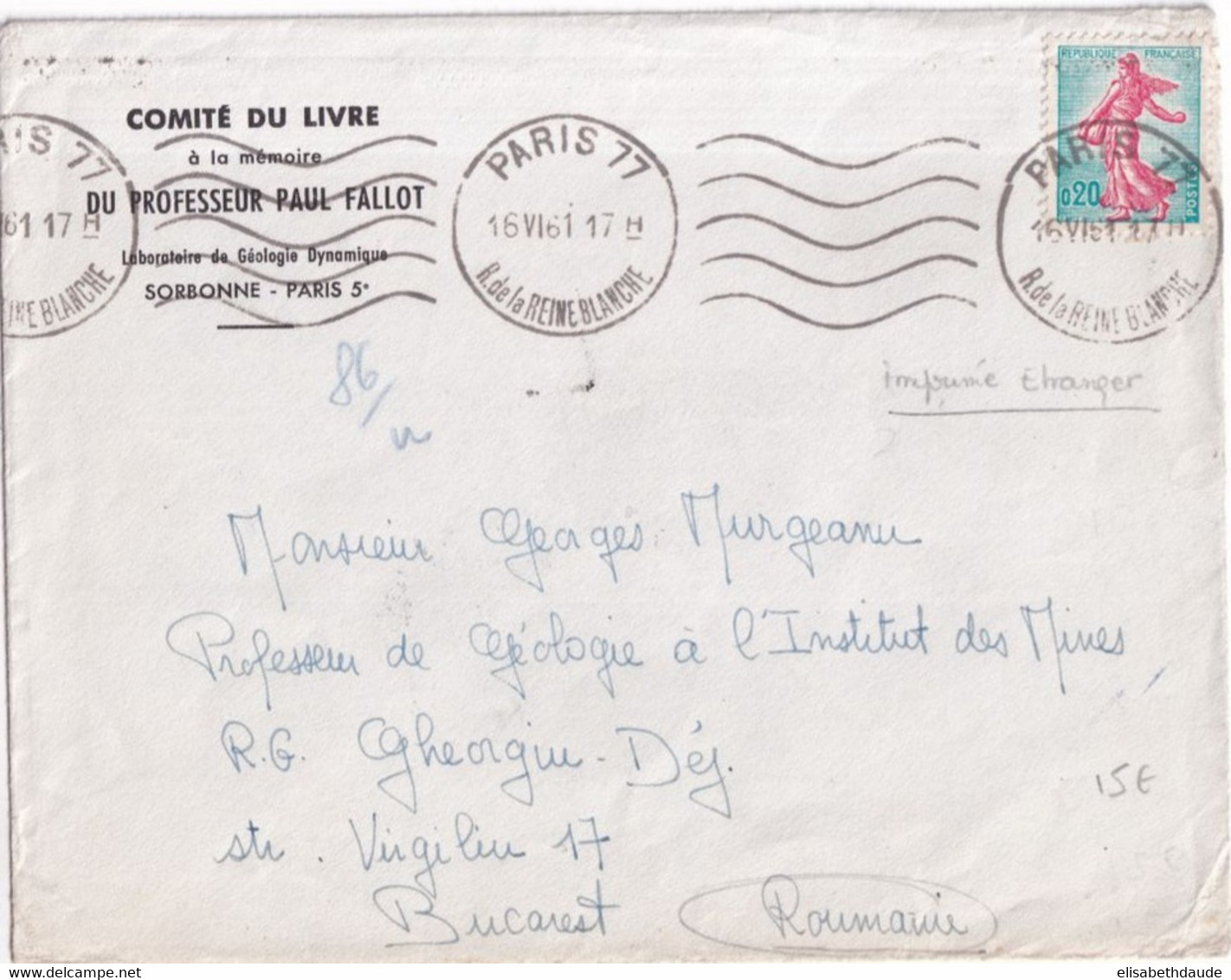 1961 - SEMEUSE 20c YVERT 1233 SEUL Sur ENVELOPPE IMPRIMES De PARIS => BUCAREST (ROUMANIE) ! - 1903-60 Semeuse Lignée