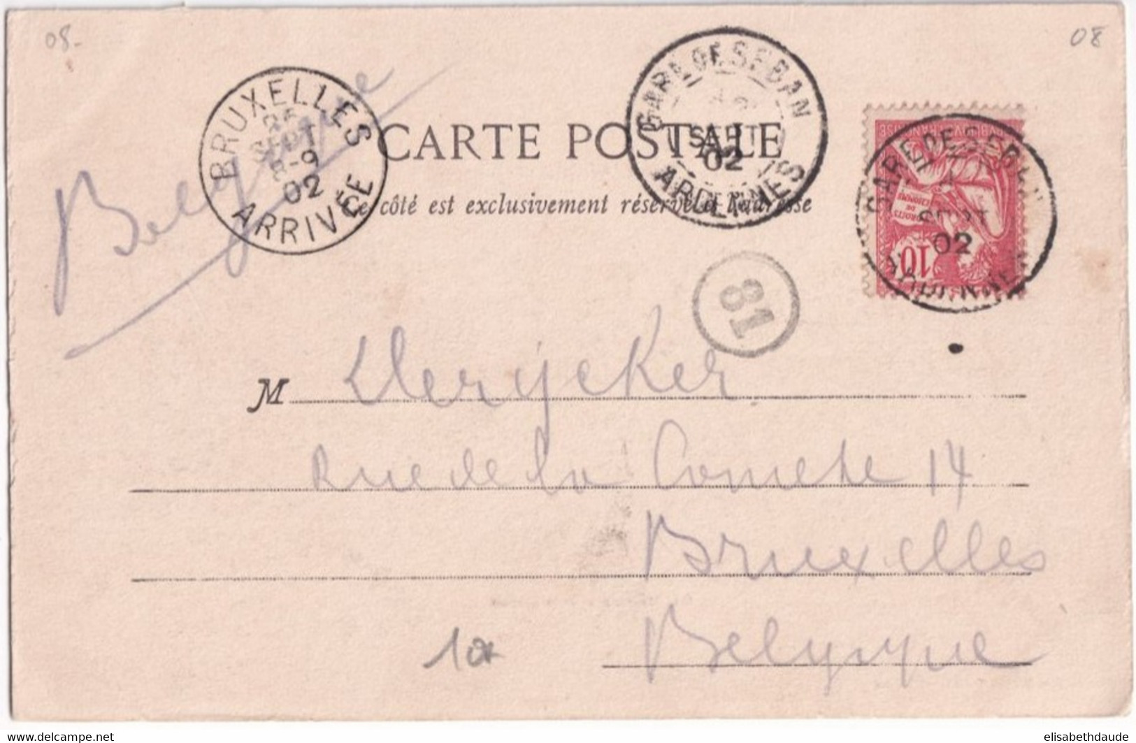 1902 - MOUCHON YVERT 124 SEUL Sur CARTE De GARE DE SEDAN (ARDENNES) => BRUXELLES (BELGIQUE) - 1900-02 Mouchon