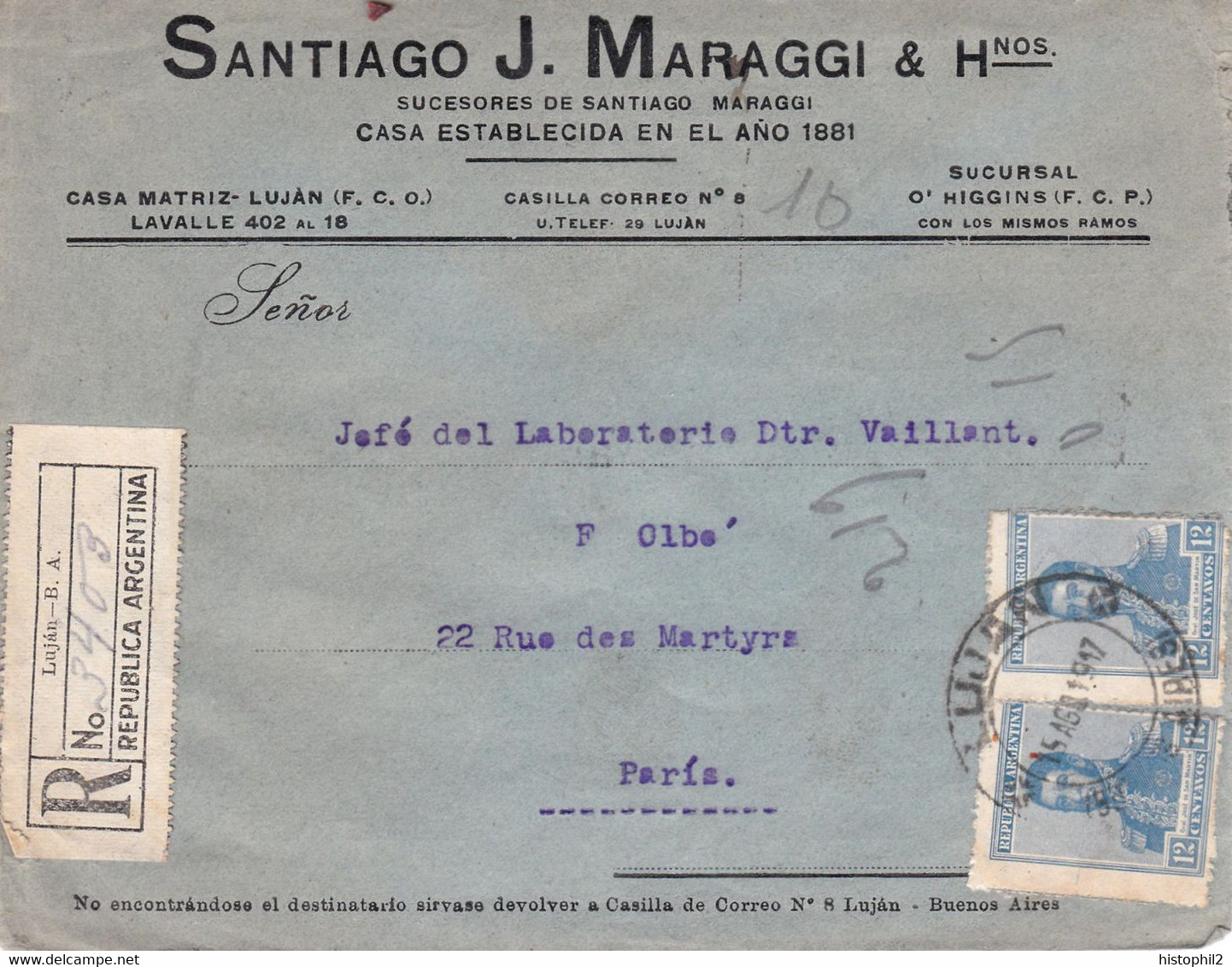 Lettre Recommandée De Lujan Argentine Santiago J Maraggi La Union Molinos à Viento Pour Paris 15/8/1917 - Cartas & Documentos