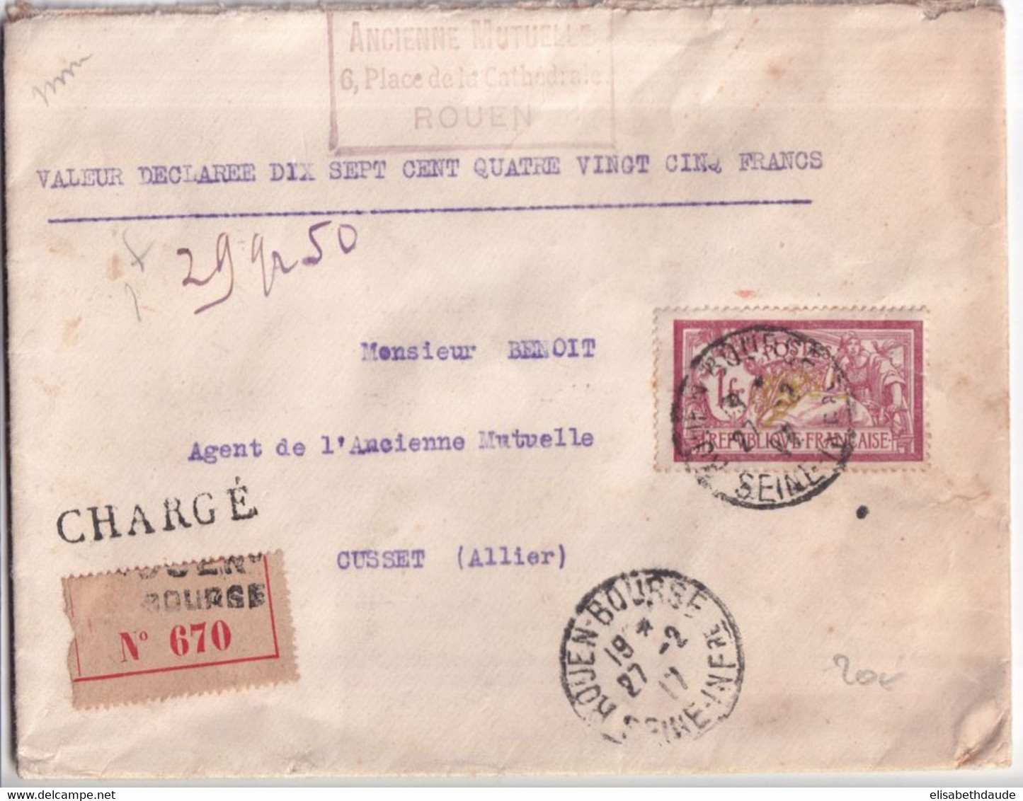 1917 - MERSON YVERT 121 SEUL Sur ENVELOPPE CHARGEE De ROUEN (SEINE INFERIEURE) => CUSSET - 1900-27 Merson