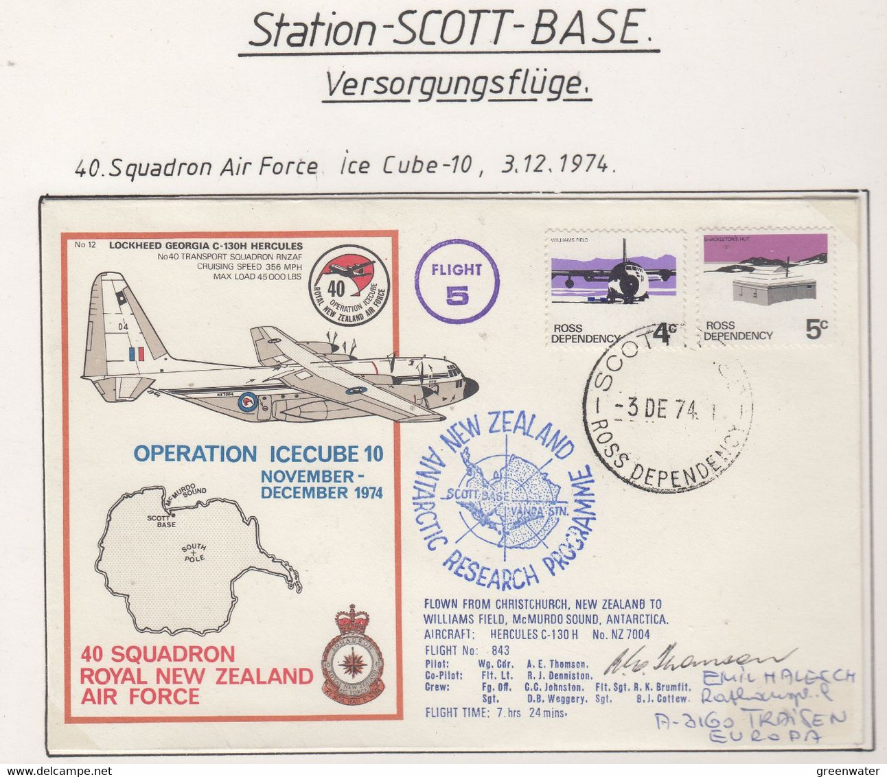 Ross Dependency Scott Base 1974 Antarctic Flight From Christchurch To McMurdo Signature Ca Scott Base 3 DE 74 (AF150) - Vols Polaires