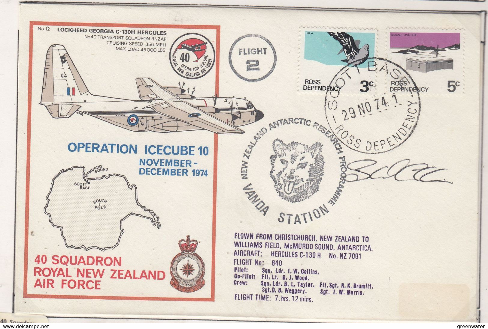 Ross Dependency Scott Base 1974 Antarctic Flight From Christchurch To McMurdo Signature Ca Scott Base 29 NO 74 (AF150A) - Vols Polaires