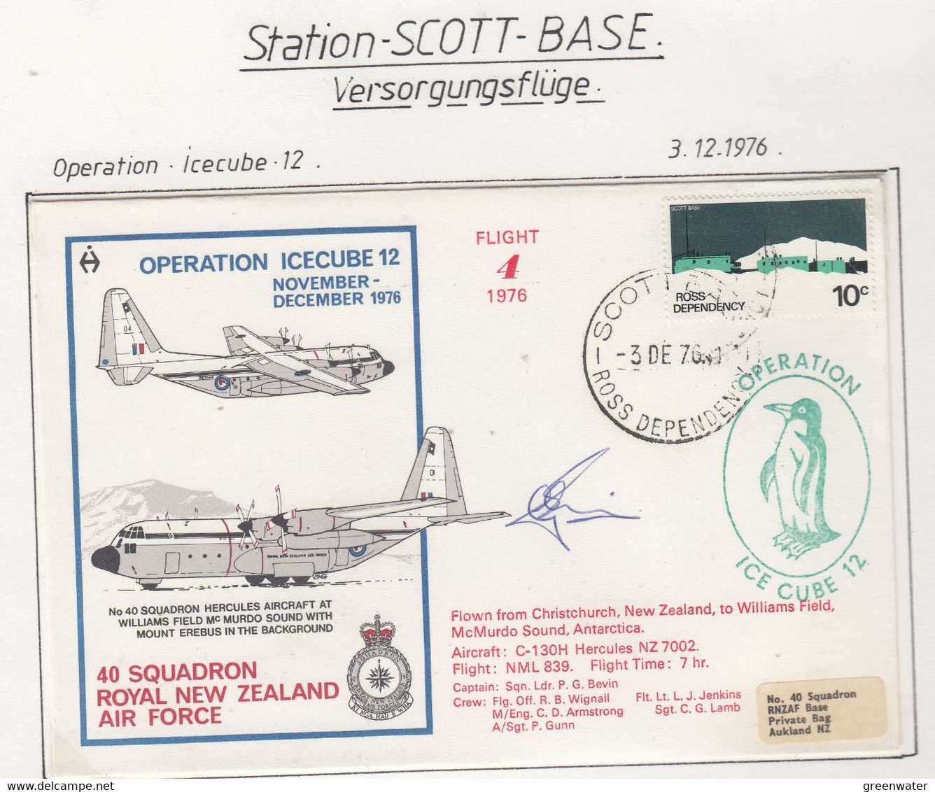 Ross Dependency Scott Base 1976 Antarctic Flight From Christchurch To McMurdo Signature Ca  Scott Base 3 DE 76 (AF151) - Vuelos Polares