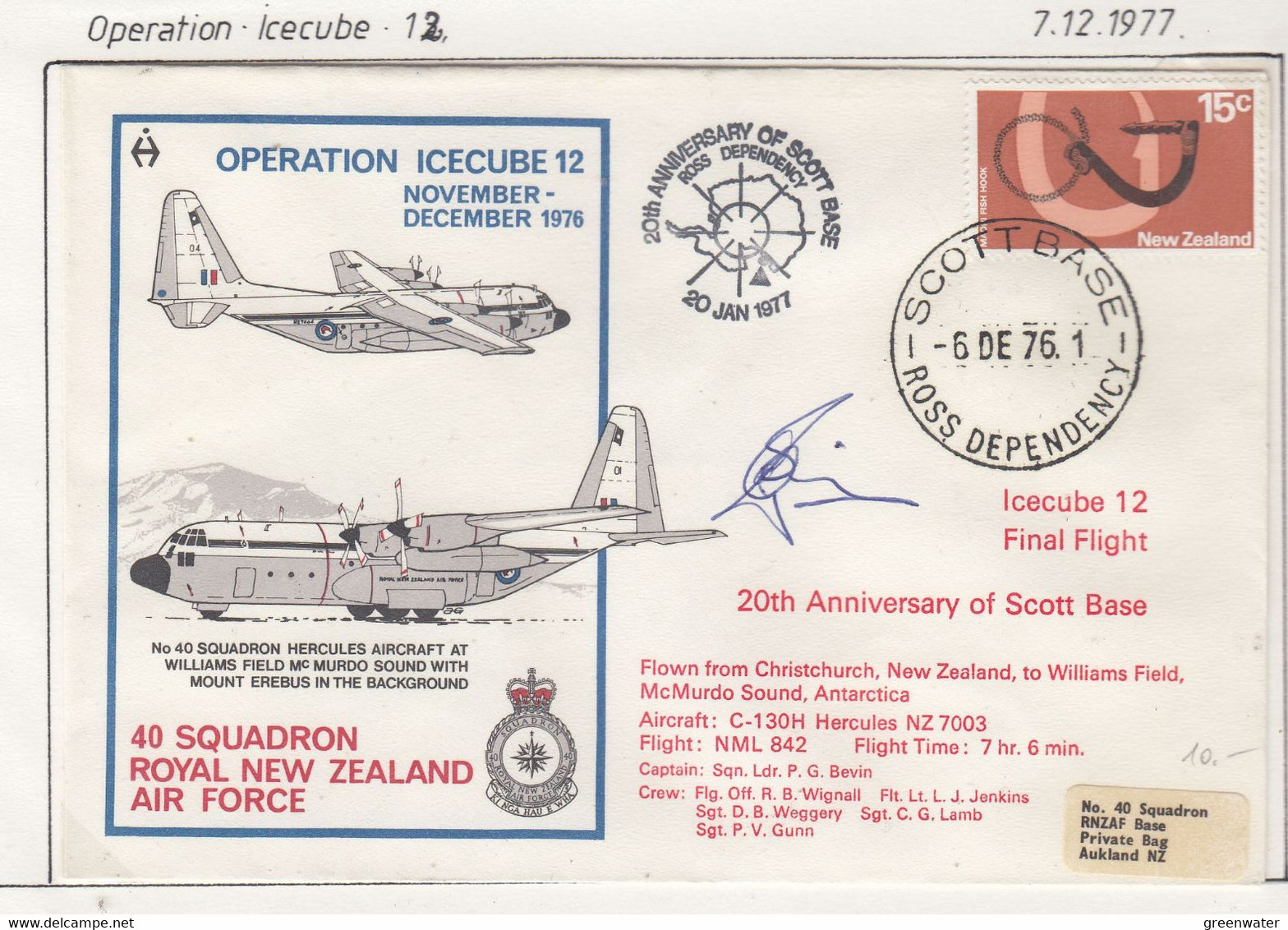 Ross Dependency Scott Base 1976 Antarctic Flight From Christchurch To McMurdo Signature Ca  Scott Base 6 DE 76 (AF151A) - Vols Polaires