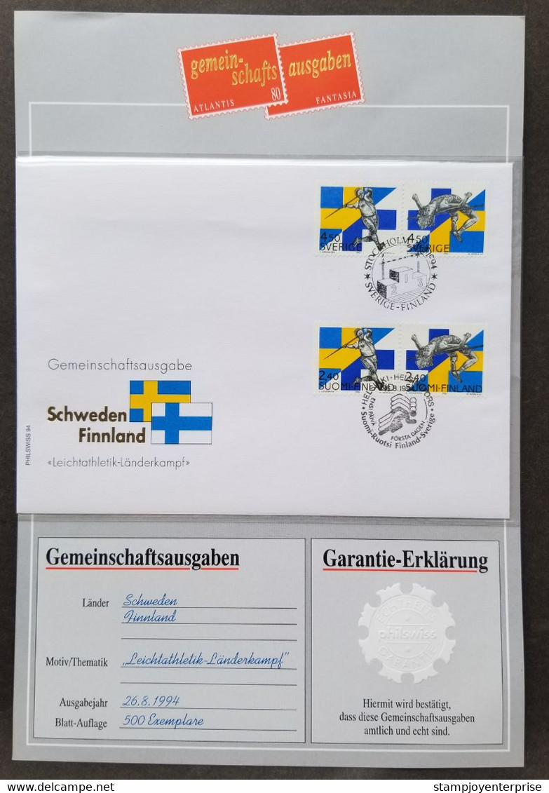 Finland Sweden Joint Issue Sport Meeting 1994 (FDC) *dual PMK *guaranty Card *Rare - Lettres & Documents