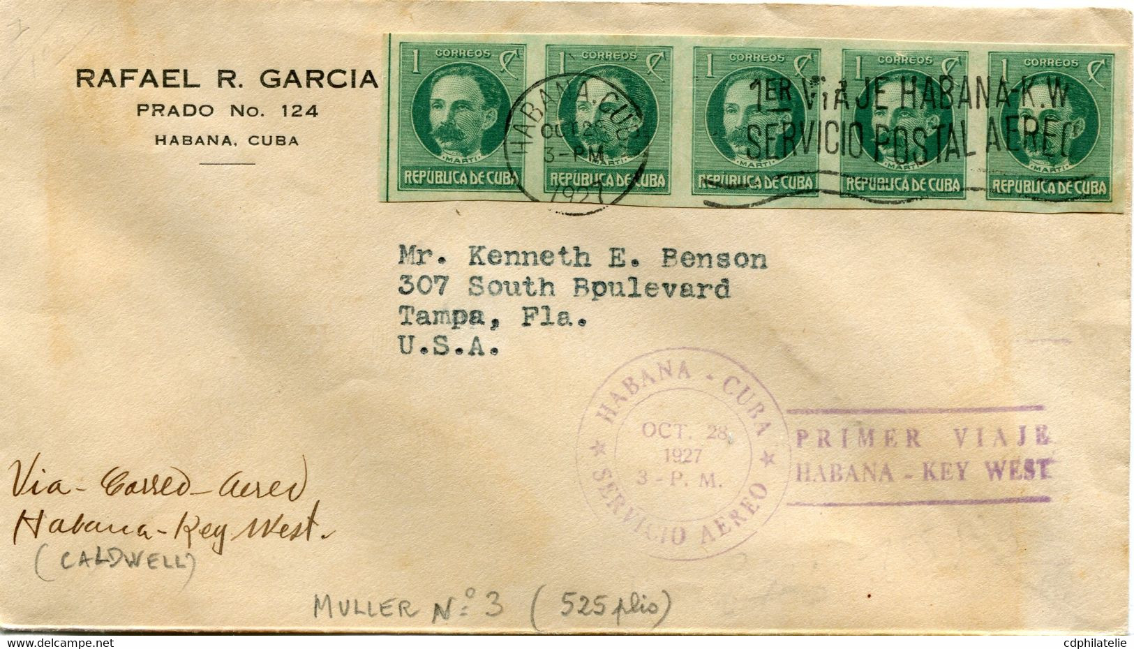 CUBA LETTRE AVEC CACHET " HABANA-CUBA OCT 28 1927 SERVICIO AEREO PRIMER VIAJE HABANA - KEY WEST "  ( 525 Plis ) - Poste Aérienne
