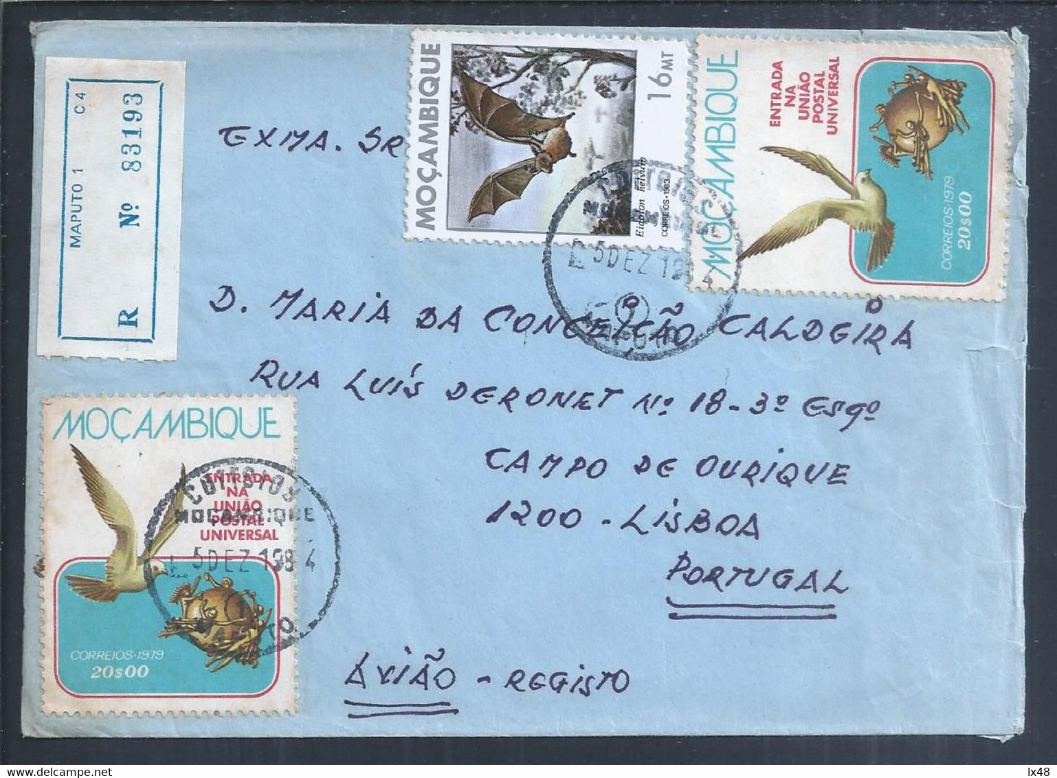 Registered Letter From Maputo With UPU Stamps And Eidolon Helvum Bat. Carta Registada Maputo Com Stamps Da UPU E Morcego - Mozambique