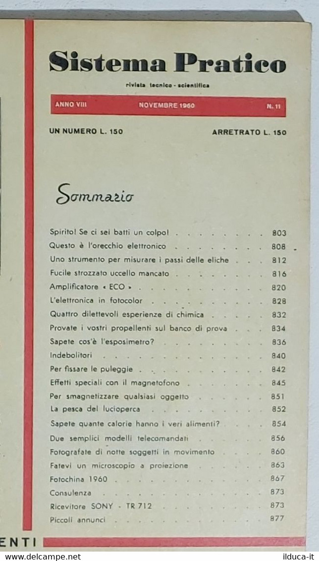 02359 SISTEMA PRATICO - Anno VIII Nr 11 1960 - SOMMARIO - Textes Scientifiques