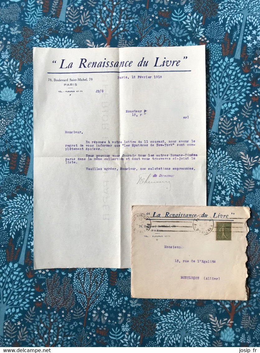 LETTRE + ENVELOPPE "LA RENAISSANCE DU LIVRE" (12/02/1918) - 1900 – 1949