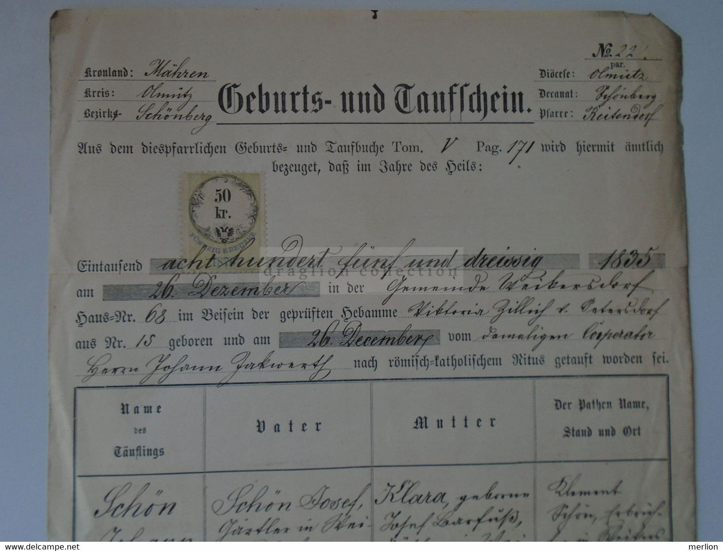 ZA389.3  Old Document,  Rapotín  Reitendorf (Olomuc)  Johann SCHÖN 1871   Revenue Stamp - Naissance & Baptême