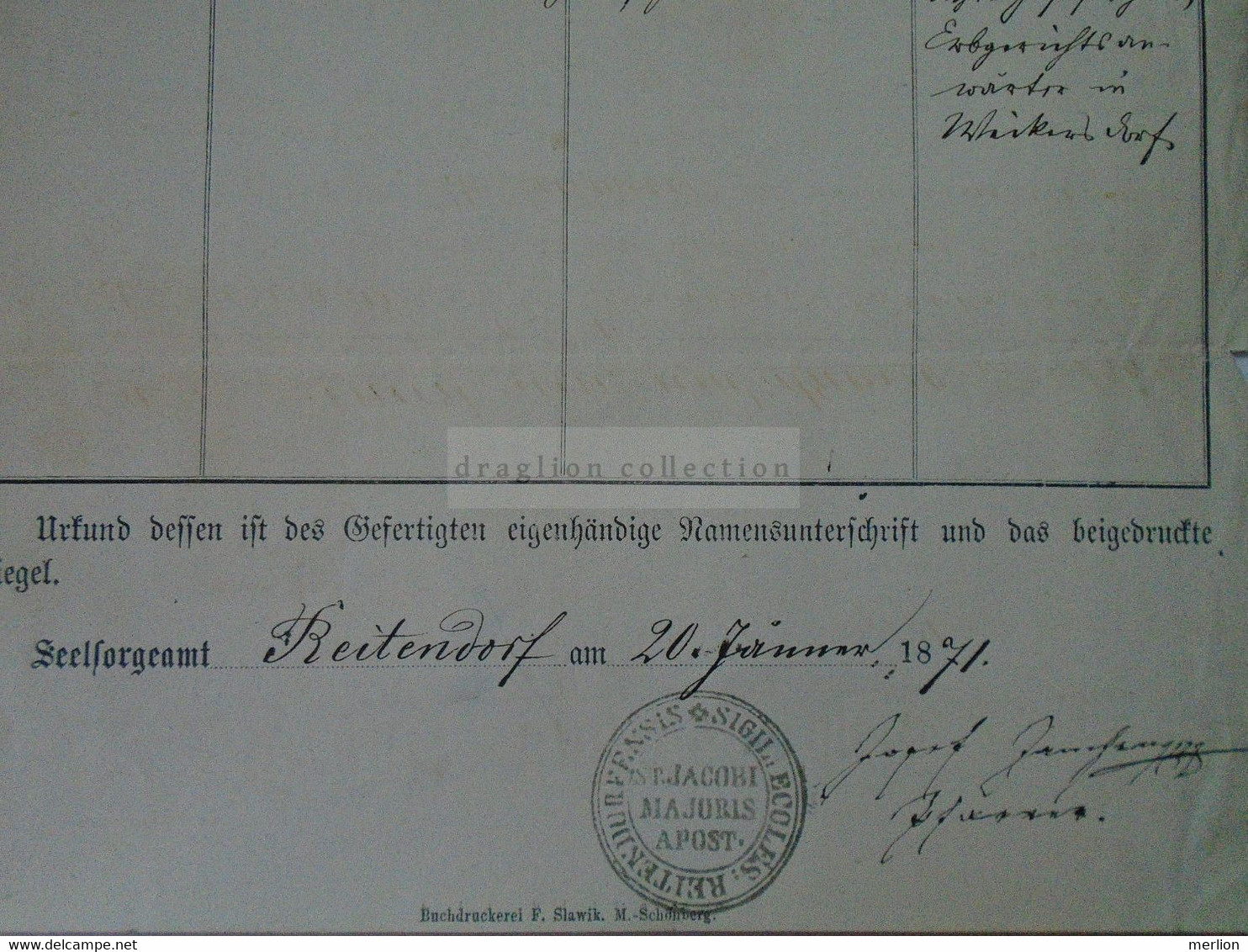 ZA389.3  Old Document,  Rapotín  Reitendorf (Olomuc)  Johann SCHÖN 1871   Revenue Stamp - Naissance & Baptême