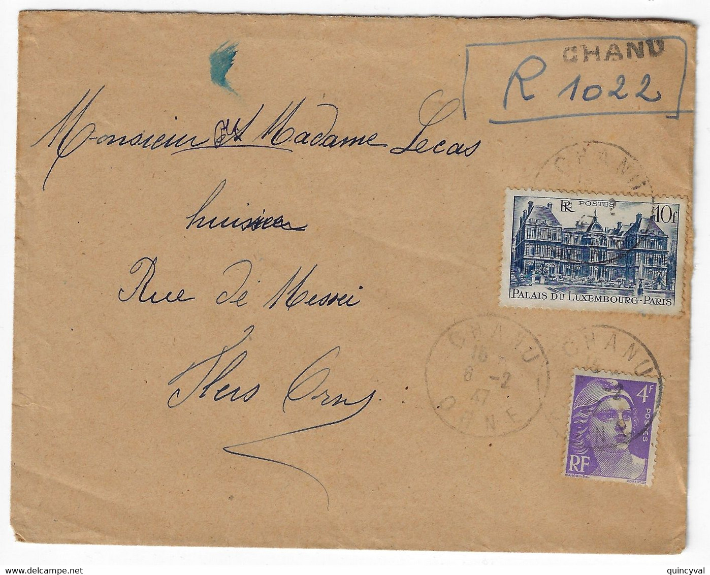 CHANU Orne Lettre Recommandée "Provisoire" Manuscrit 10 F Palais Luxembourg 4 F Violet Yv 760 718 Ob 6 2 1947 - Storia Postale