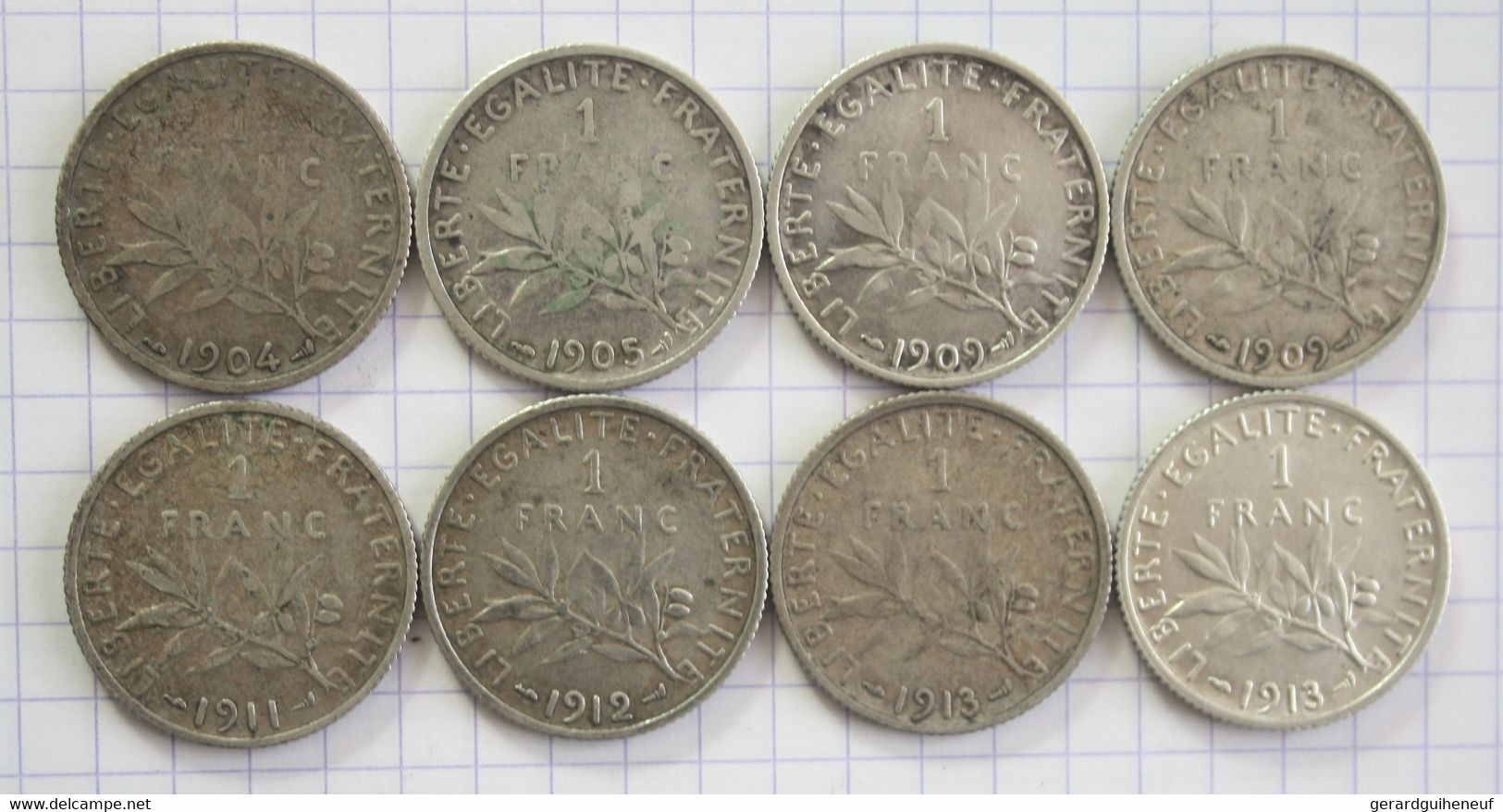 8 Monnaies 1 Franc Semeuse ARGENT - 1904 à 1913 - Lots & Kiloware - Coins