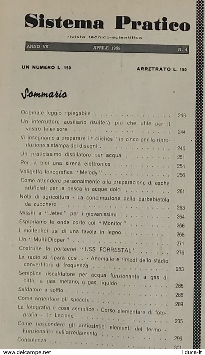 12509 SISTEMA PRATICO - Anno VII Nr 4 1959 - SOMMARIO - Textes Scientifiques