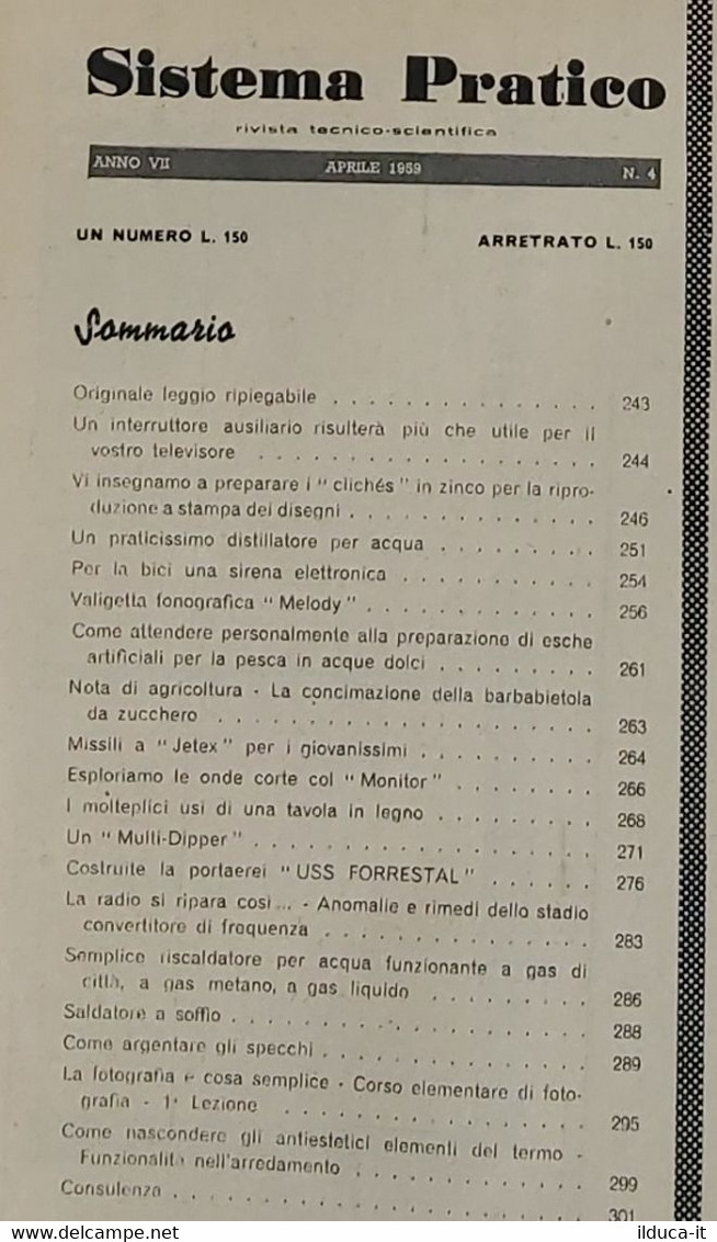 12509 SISTEMA PRATICO - Anno VII Nr 4 1959 - SOMMARIO - Textos Científicos