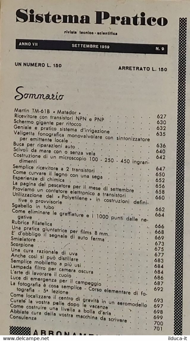 12512 SISTEMA PRATICO - Anno VII Nr 9 1959 - SOMMARIO - Textos Científicos