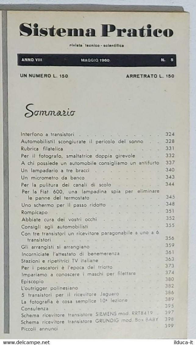 12516 SISTEMA PRATICO - Anno VIII Nr 5 1960 - SOMMARIO - Textos Científicos