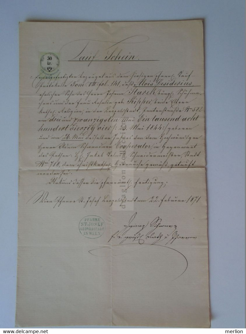 ZA389.6 Old Document,   Österreich -WIEN  St. Josef Pfarre - Leopoldstadt - 1871 Alois Desiderius STAREK - Naissance & Baptême