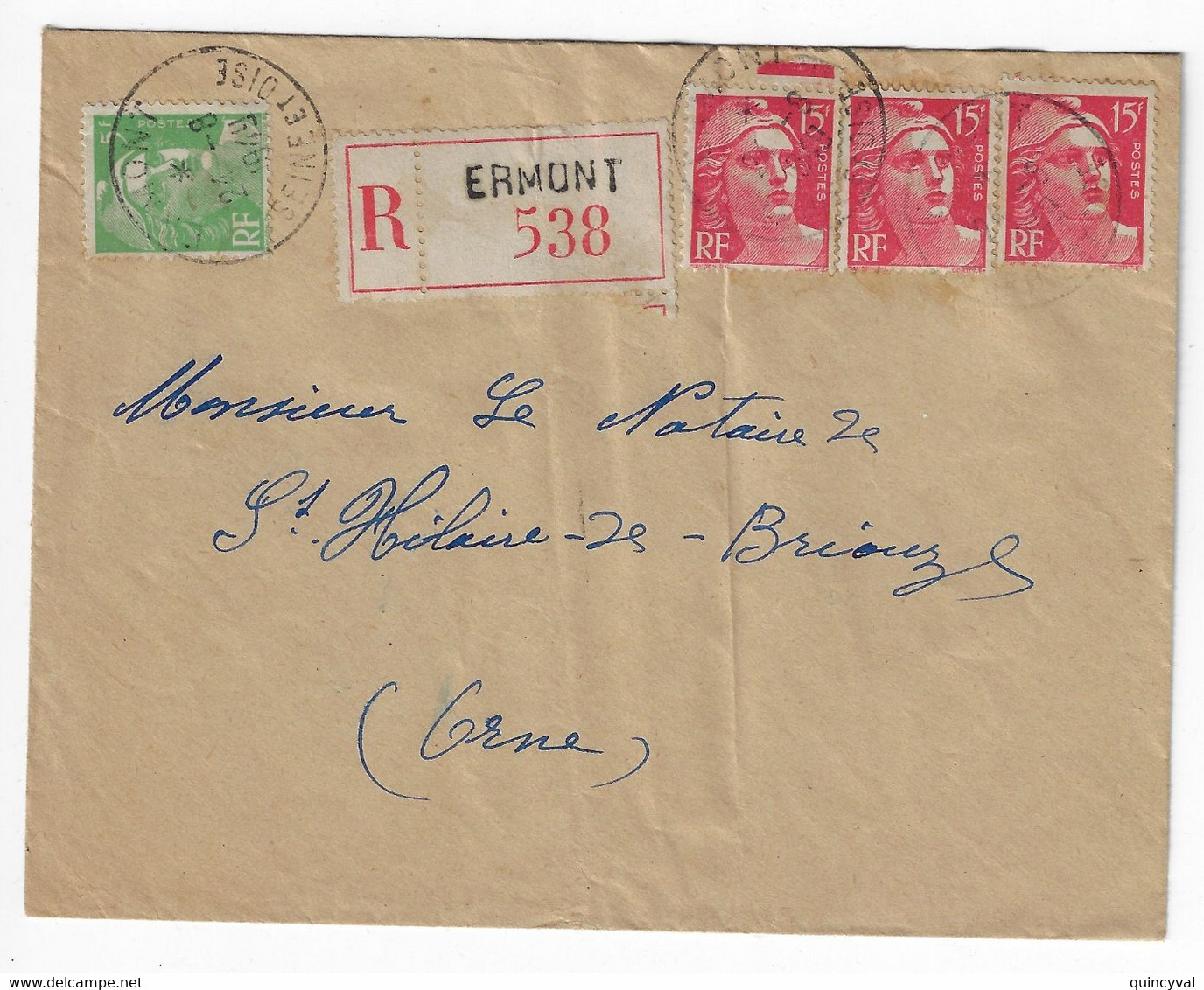ERMONT Seine Et Oise Lettre Recommandée  5F Vert 15 F Gandon Etiquette Yv 813 809 Ob 24 8 1949 - Covers & Documents