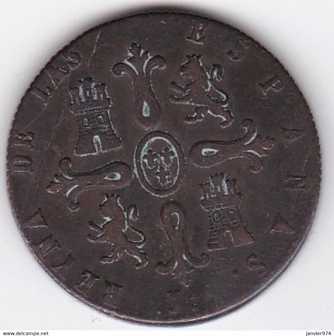 Spain , 8 Maravedis 1837 JA Jubia, Isabel II, En Cuivre,  KM# 531.2 - First Minting