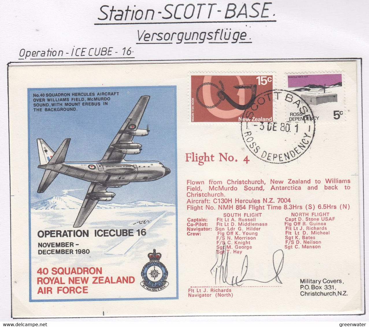 Ross Dependency Scott Base 1980 Antarctic Flight Christchurch To McMurdo Signature  Ca  Scott Base 3 DE 80 (AF154B) - Vols Polaires