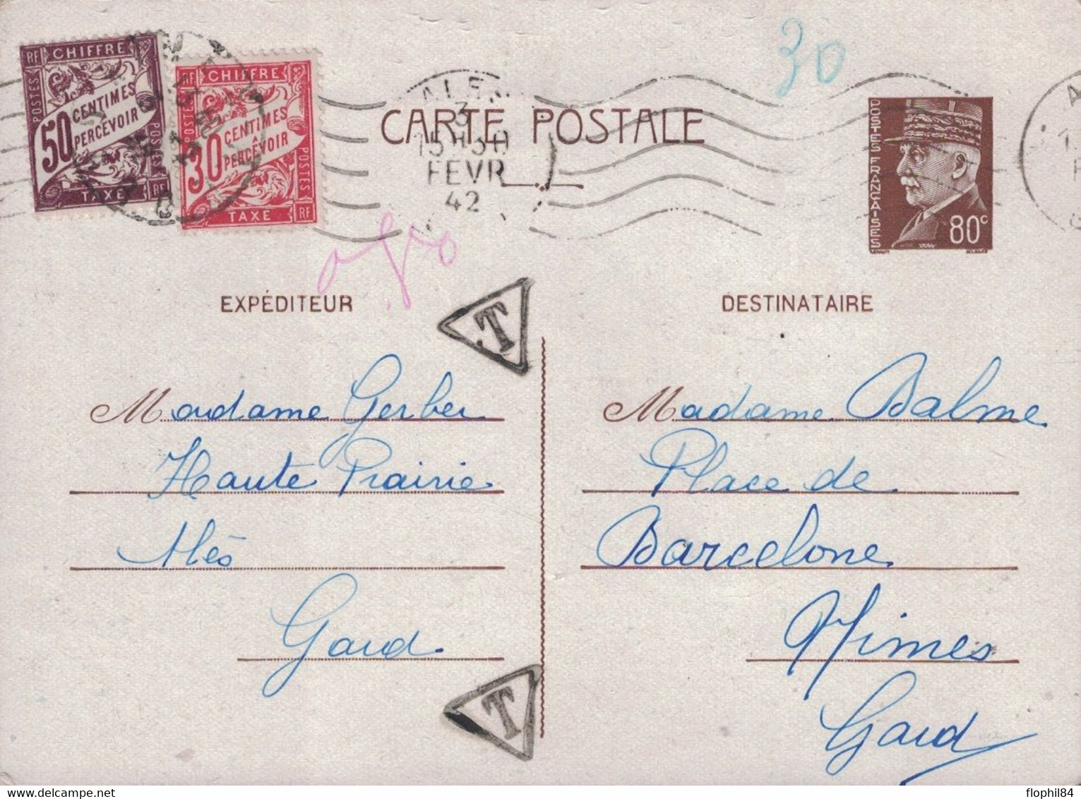 GARD - ALES - PETAIN - ENTIER POSTAL A 80c POUR NIMES - TAXE BANDEROLE 50+30 A L'ARRIVEE A NIMES - LE 2 FEVRIER 1942. - 1859-1959 Lettres & Documents