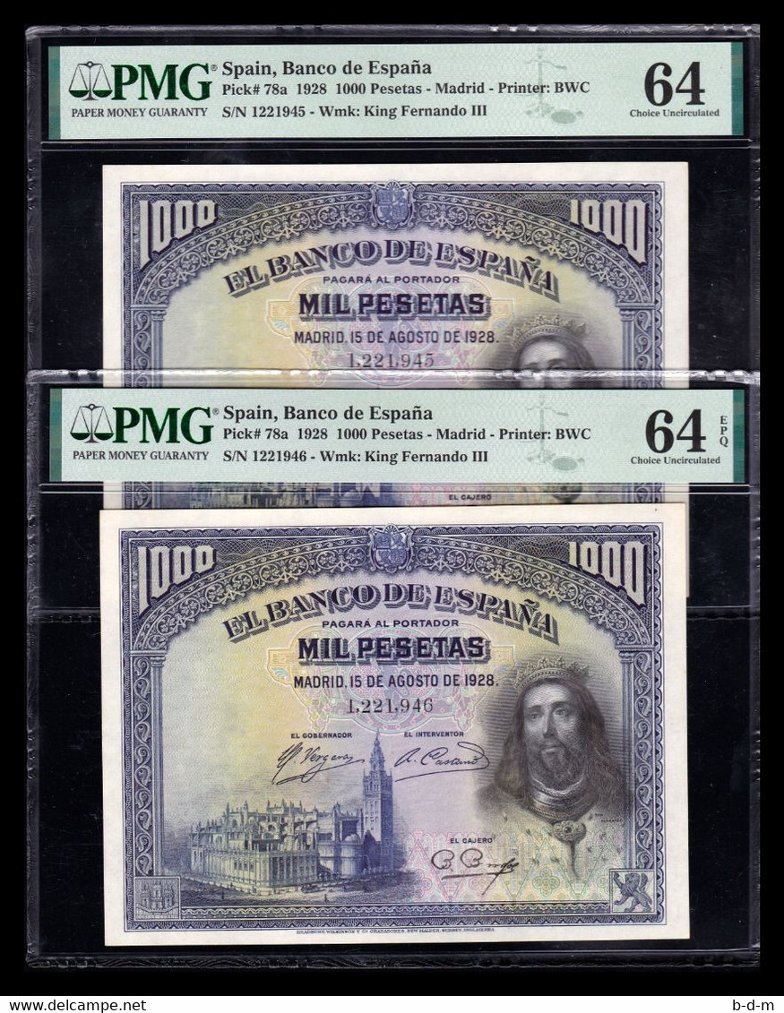 España Pareja 1000 Pesetas San Fernando 1928 Pick 78 PMG 64 PMG 64 EPQ SC UNC - 1000 Pesetas