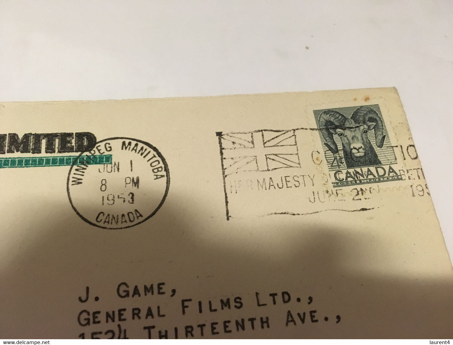 (3 G 1 A) Canada Cover - Posted 1953 - General Films Limited - Cartas & Documentos