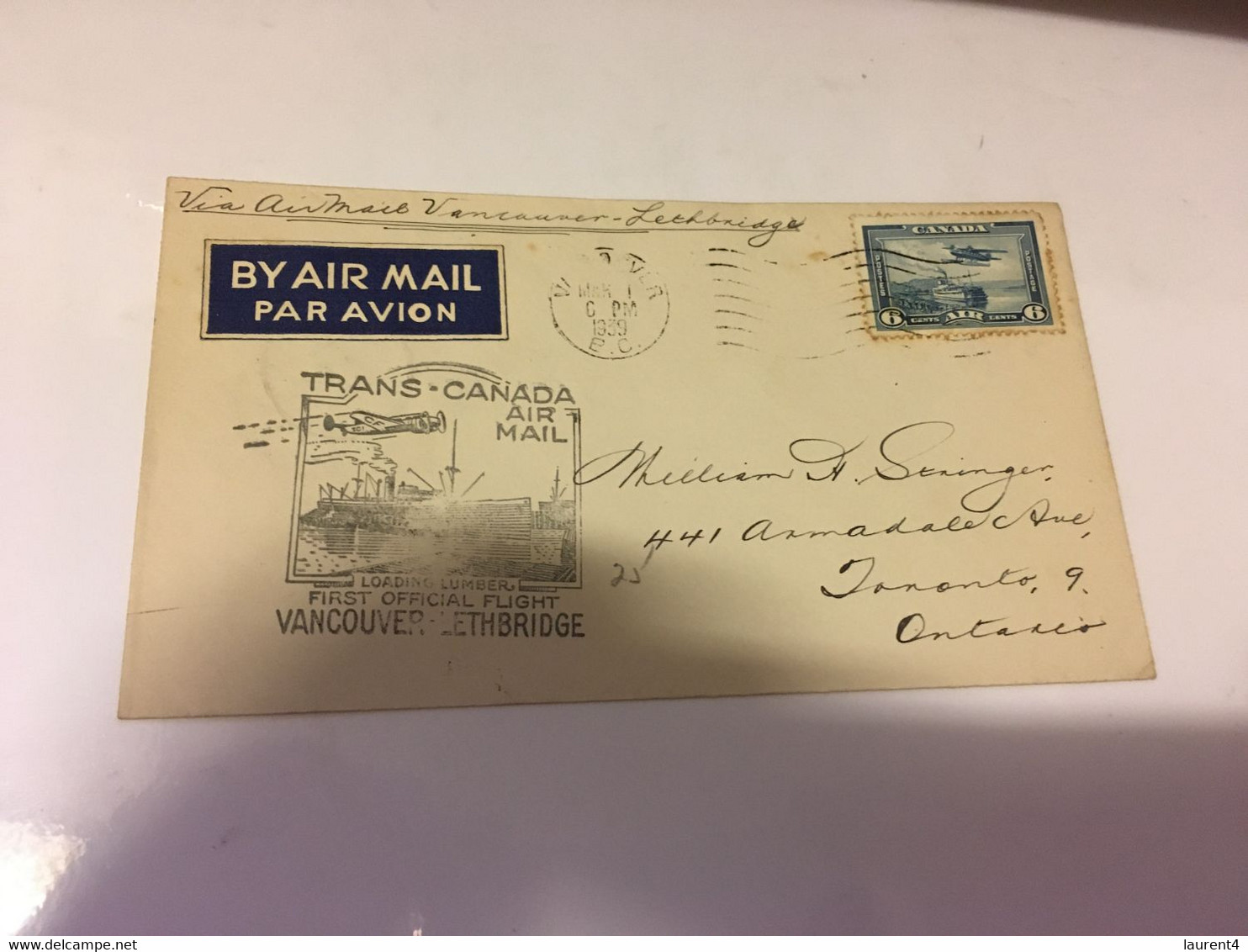 (3 G 1 A) Canada Cover - Posted 1939 - 1st Trans Canada Air Mail Flight - Primi Voli