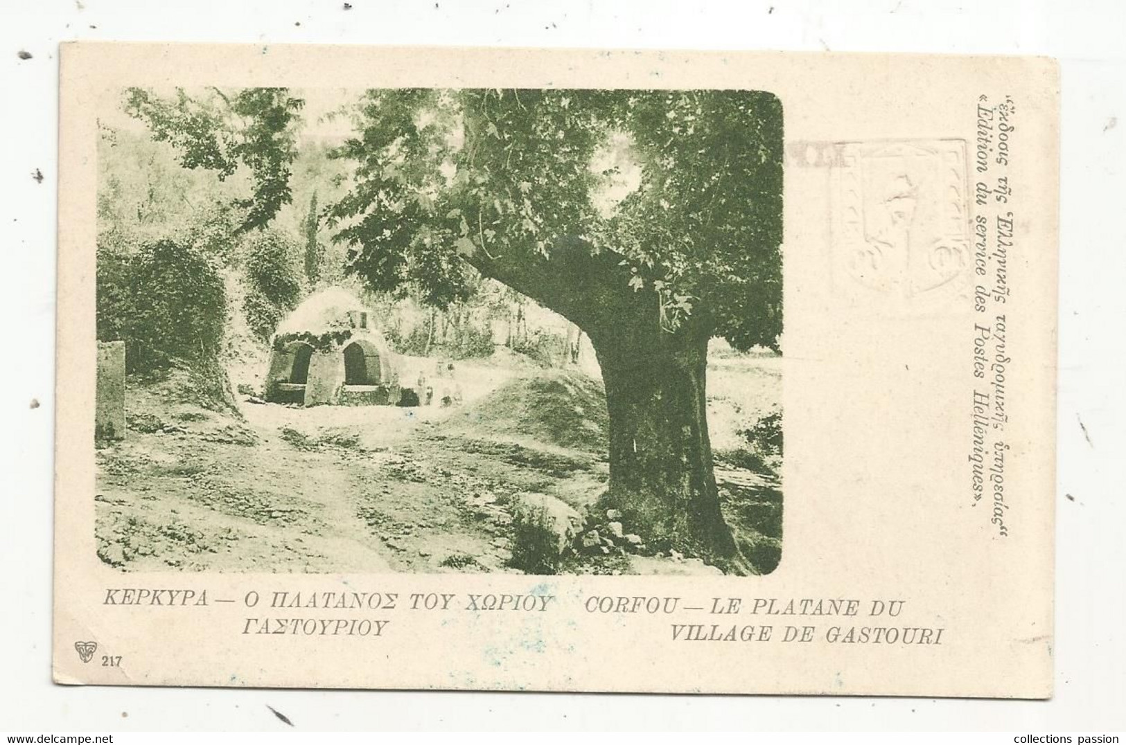 JC, Sur Carte Postale , GRECE , Neuf , Entier Postal ,  CORFOU ,le Platane Du Village De GASTOURI - Storia Postale