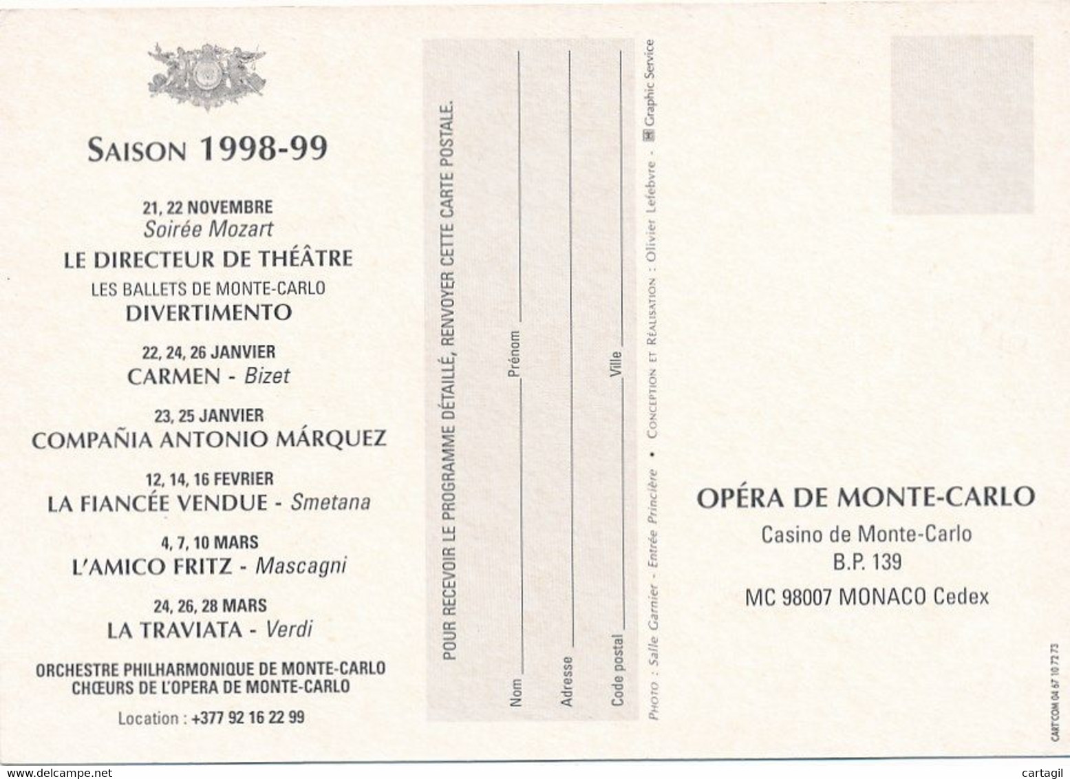 CPM GF-30664 -Monaco -Monte Carlo-- Carte Programme De L'Opéra -Saison 1998-1999 -Envoi Gratuit - Opéra & Théâtre