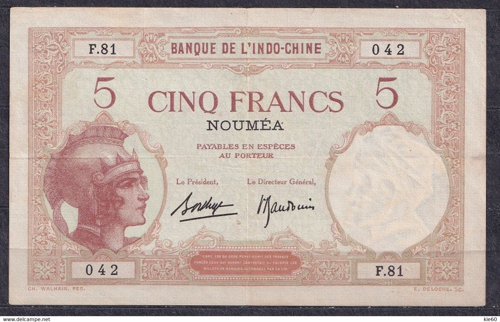 New Caledonia, Noumena  - 1926 - 5 Francs...P36b2 ..VF+ - Nouvelle-Calédonie 1873-1985