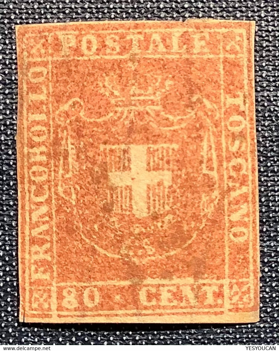 Toscana 1860 Sa. 22 = 60.000€, 80 Centesimi Nuovo * Cert Sorani. Tuscany Mint Original Gum Rarity (Toscane - Tuscany