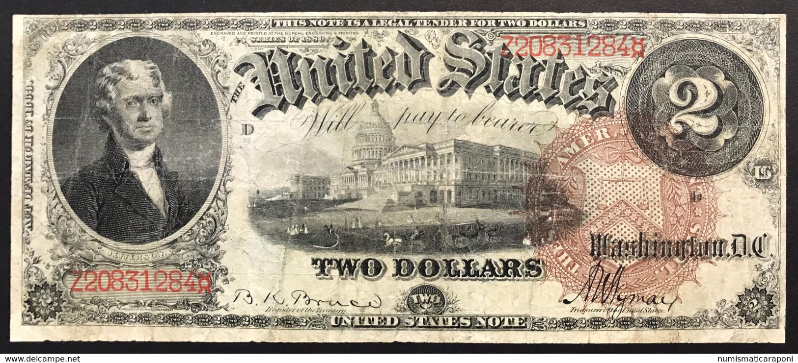 Usa Stati Uniti 2 $ Dollar 1880 Thomas Jefferson Pick#177a Mb/bb Lotto.3829 - Certificaten Van Zilver (1878-1923)