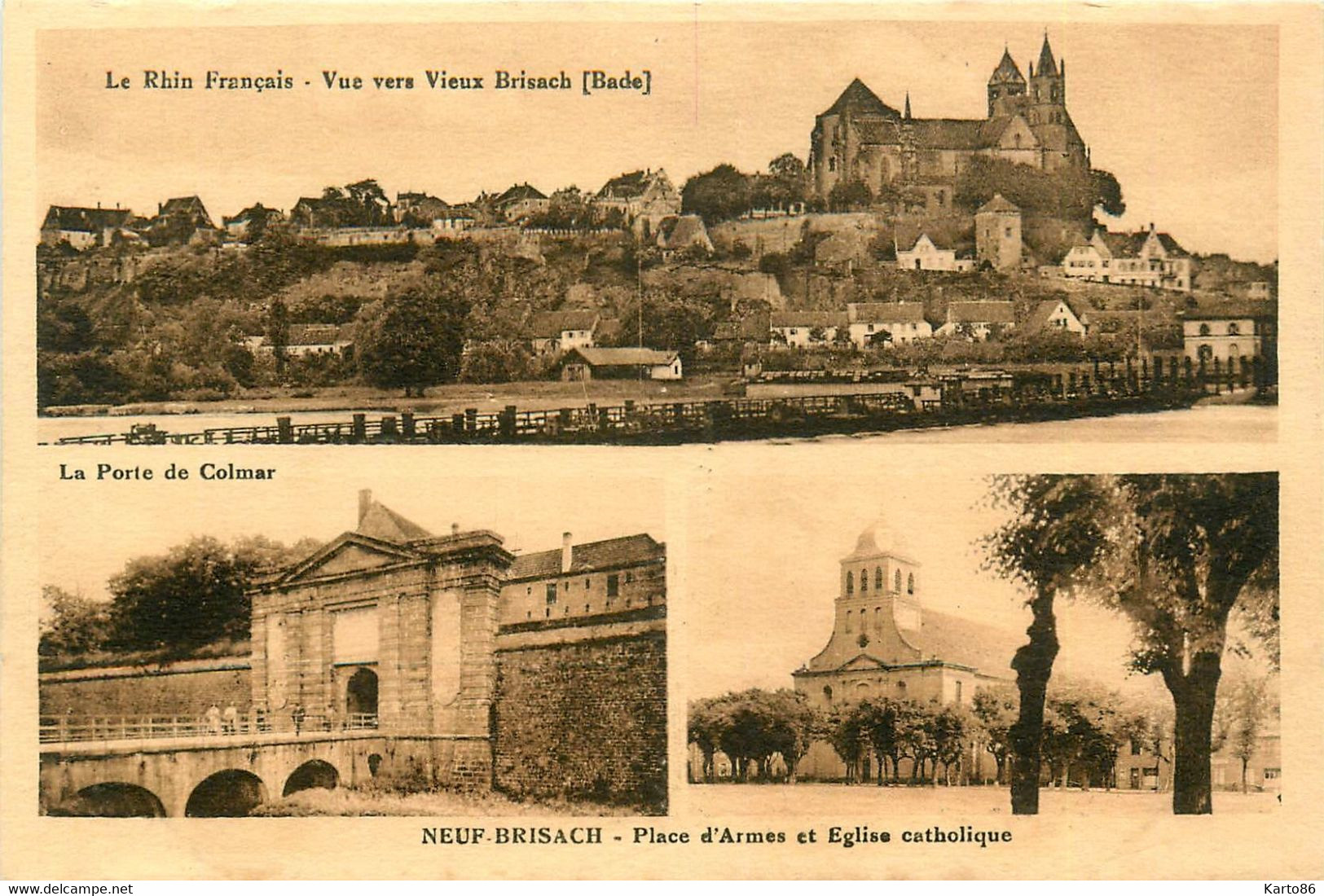 Neuf Brisach * Souvenir * Cpa 3 Vues * La Place D'armes Et église Catholique , La Porte Et Le Rhin - Neuf Brisach