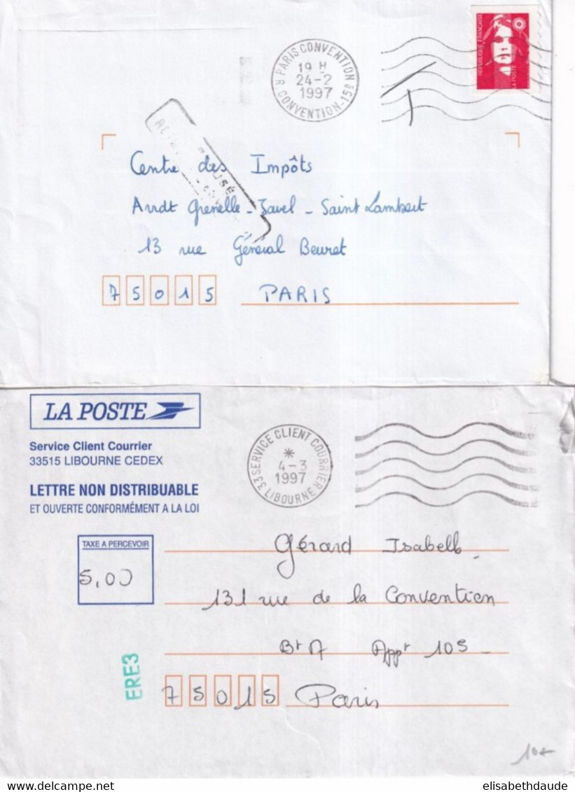 1997 - LETTRE TAXEE (2° ECH !) REFUSEE + RETOURNEE "LETTRE NON DISTRIBUABLE ET OUVERTE" SERVICE CLIENT COURRIER LIBOURNE - 1960-.... Lettres & Documents