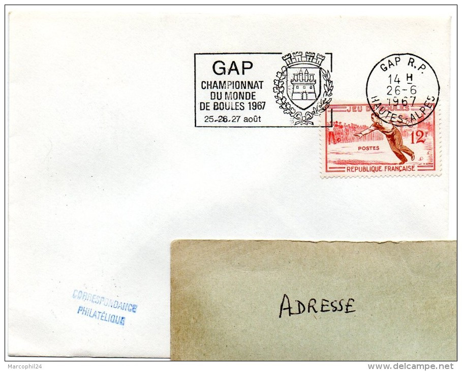 ALPES Hautes - Dépt N° 05 = GAP RP 1967 = FLAMME CONCORDANTE N° 1161 = SECAP Illustrée ' CHAMPIONNAT Du MONDE De BOULES' - Petanca