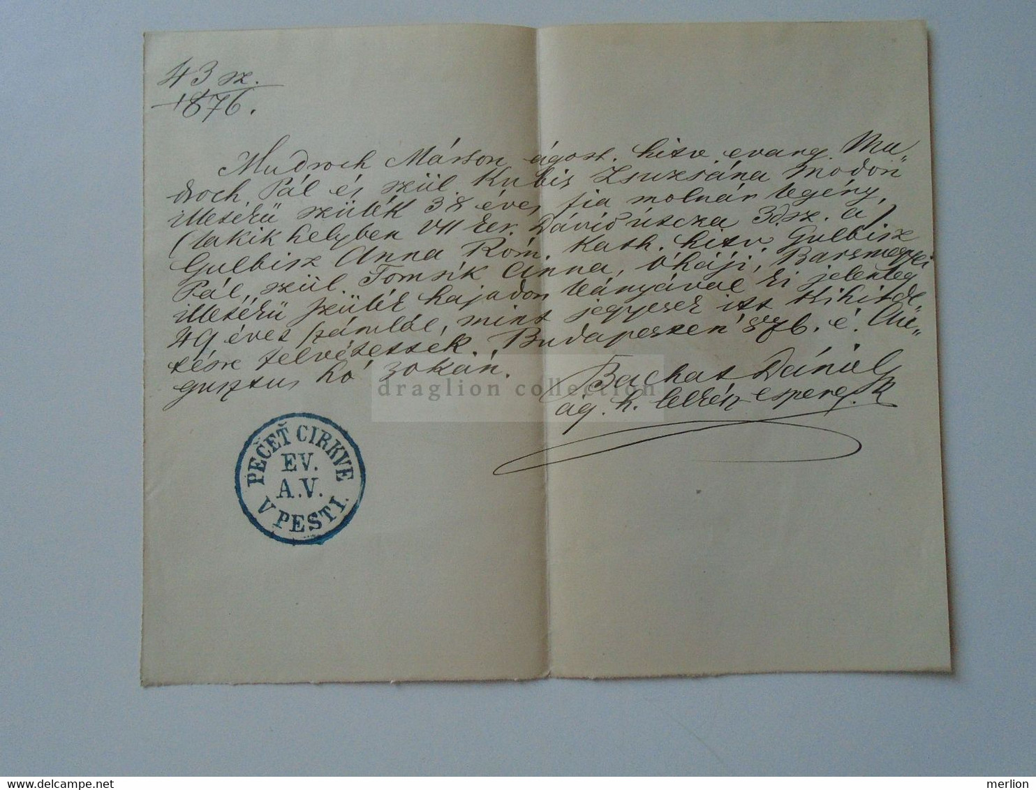 ZA390.2 Old Document,  Pest 1876 - Mudroch Márton - M. Pál - Kubis Zsuzsanna -Bachát Dániel Ag. L. Esp. Pecet Cirkve EV - Naissance & Baptême