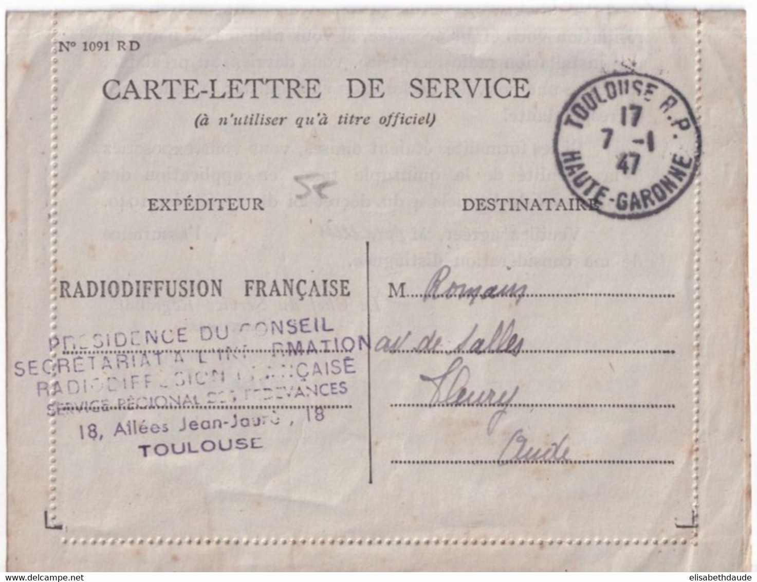 1946 - CARTE-LETTRE De SERVICE En FRANCHISE De La RADIODFFUSION FRANCAISE à TOULOUSE (HAUTE GARONNE) => AUDE - Civil Frank Covers