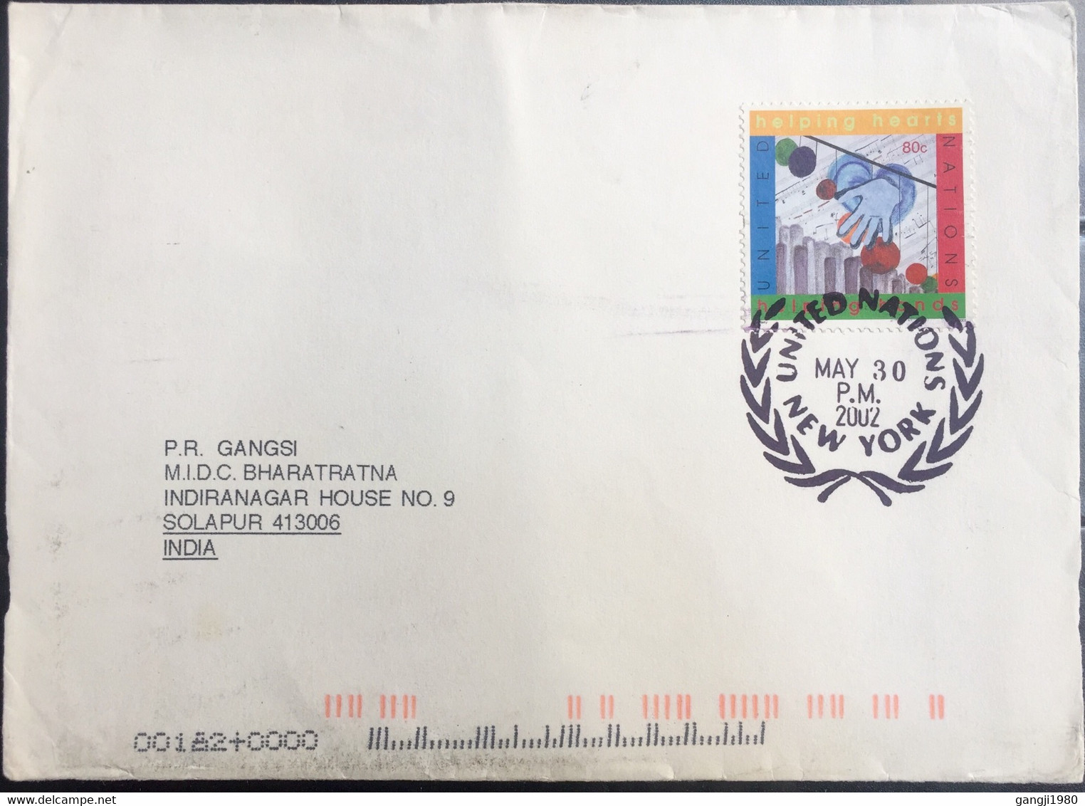 UNITED NATION 2002, USED COVER TO INDIA,HELPING HEART HANDS STAMPS NEW YORK CANCELLATION - Brieven En Documenten