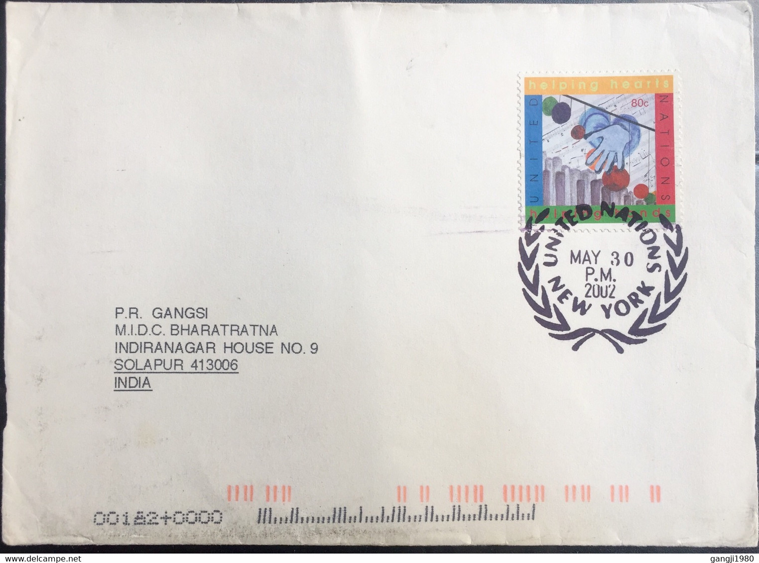 UNITED NATION 2002, USED COVER TO INDIA,HELPING HEART HANDS STAMPS NEW YORK CANCELLATION - Covers & Documents