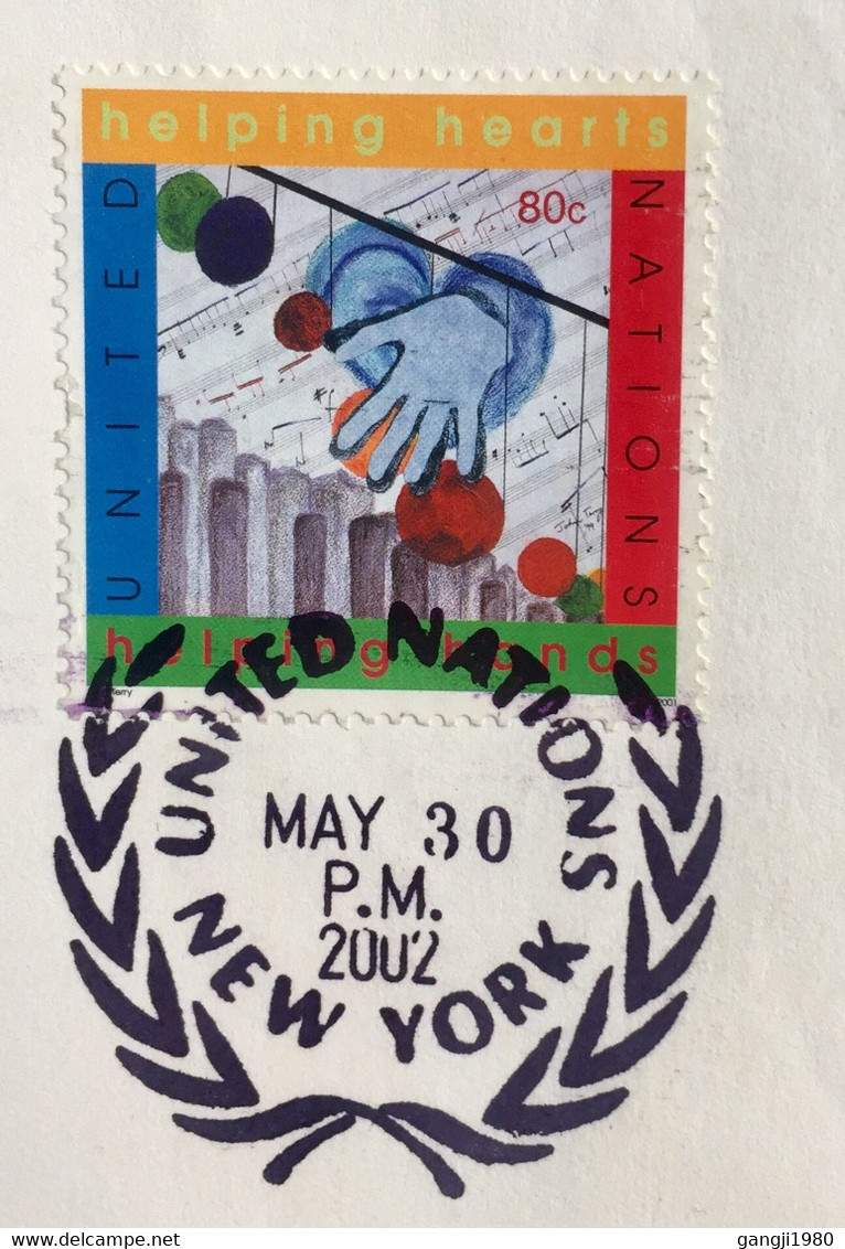 UNITED NATION 2002, USED COVER TO INDIA,HELPING HEART HANDS STAMPS NEW YORK CANCELLATION - Covers & Documents