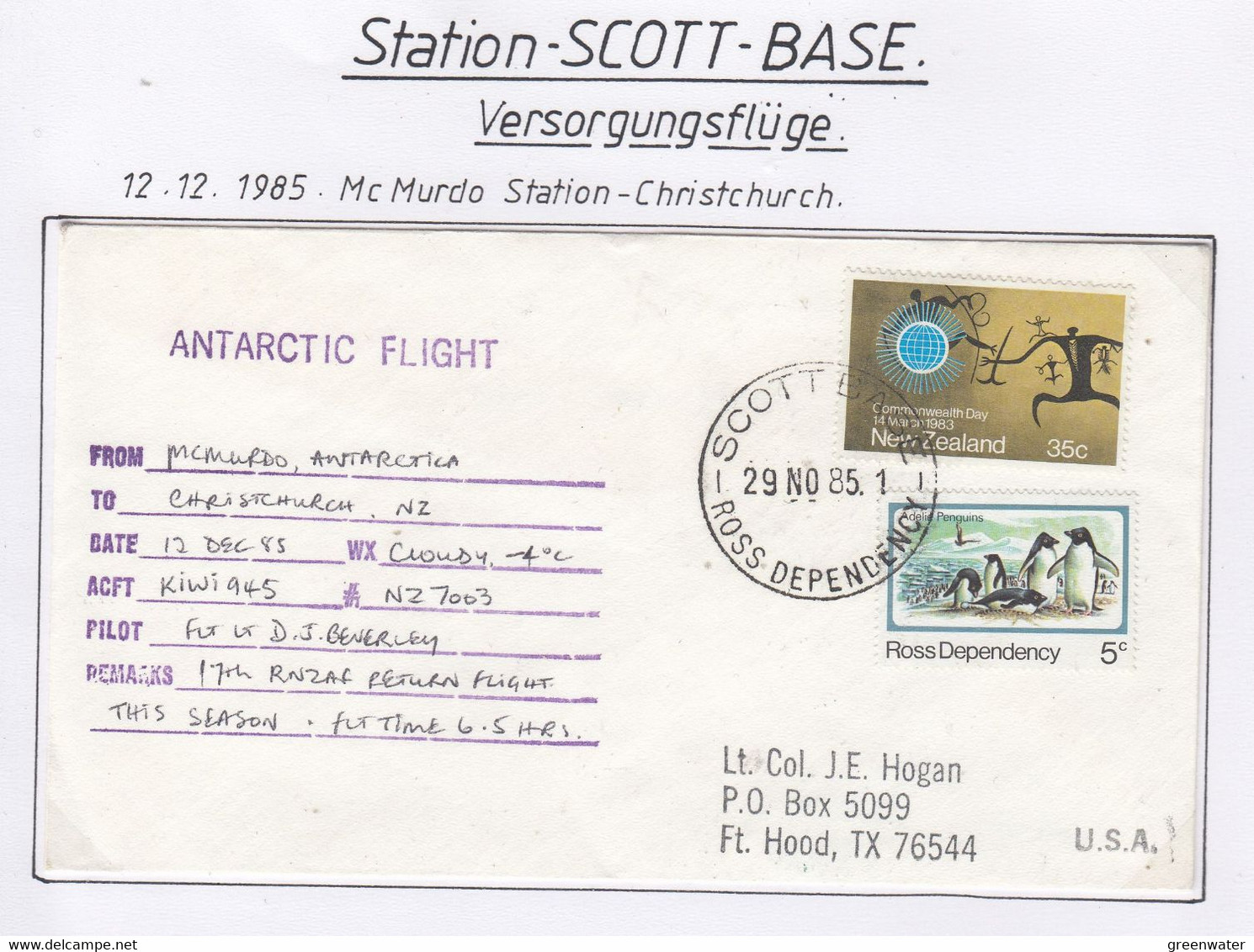 Ross Dependency Scott Base 1985 Antarctic Flight McMurdo To Christchurch 12 DEC 85 Ca Scott Base  (AF157) - Polar Flights