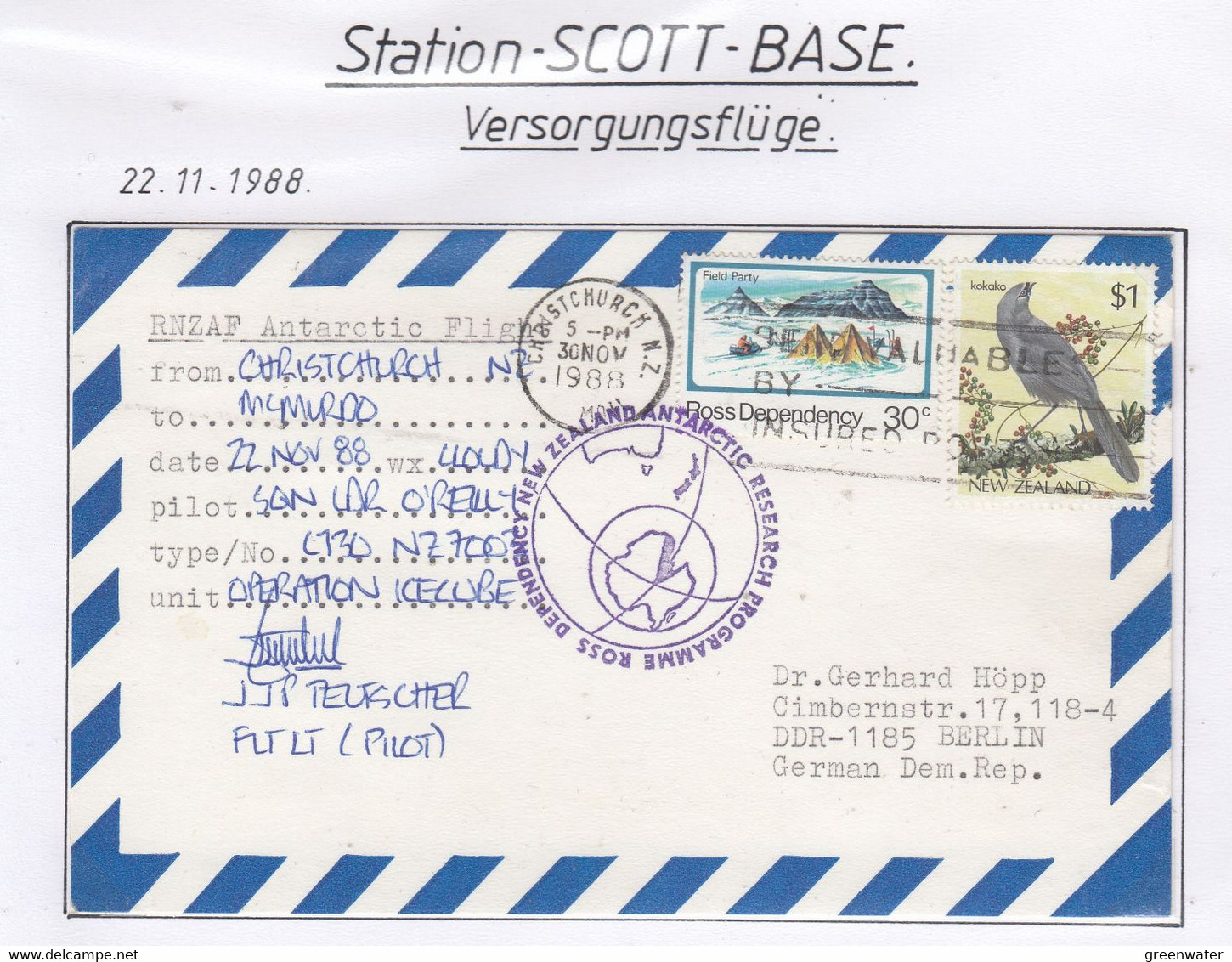 Ross Dependency Scott Base 1988 Antarctic Flight  Christchurch To McMurdo 22 NOV 88 Signature  Ca Christchurch  (AF157B) - Vuelos Polares