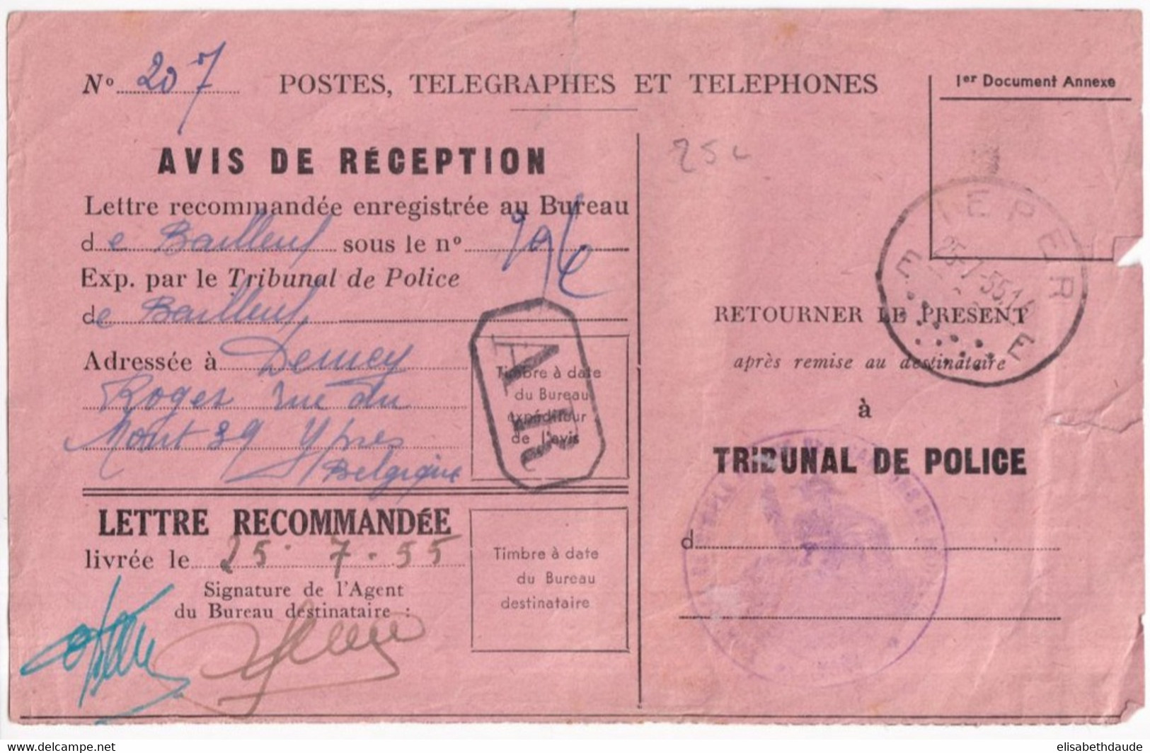 1955 - AVIS De RECEPTION FRANCAIS De LETTRE RECOMMANDEE De TRIBUNAL De POLICE De BAILLEUL (NORD) => YPRES (BELGIQUE) ! - Brieven En Documenten