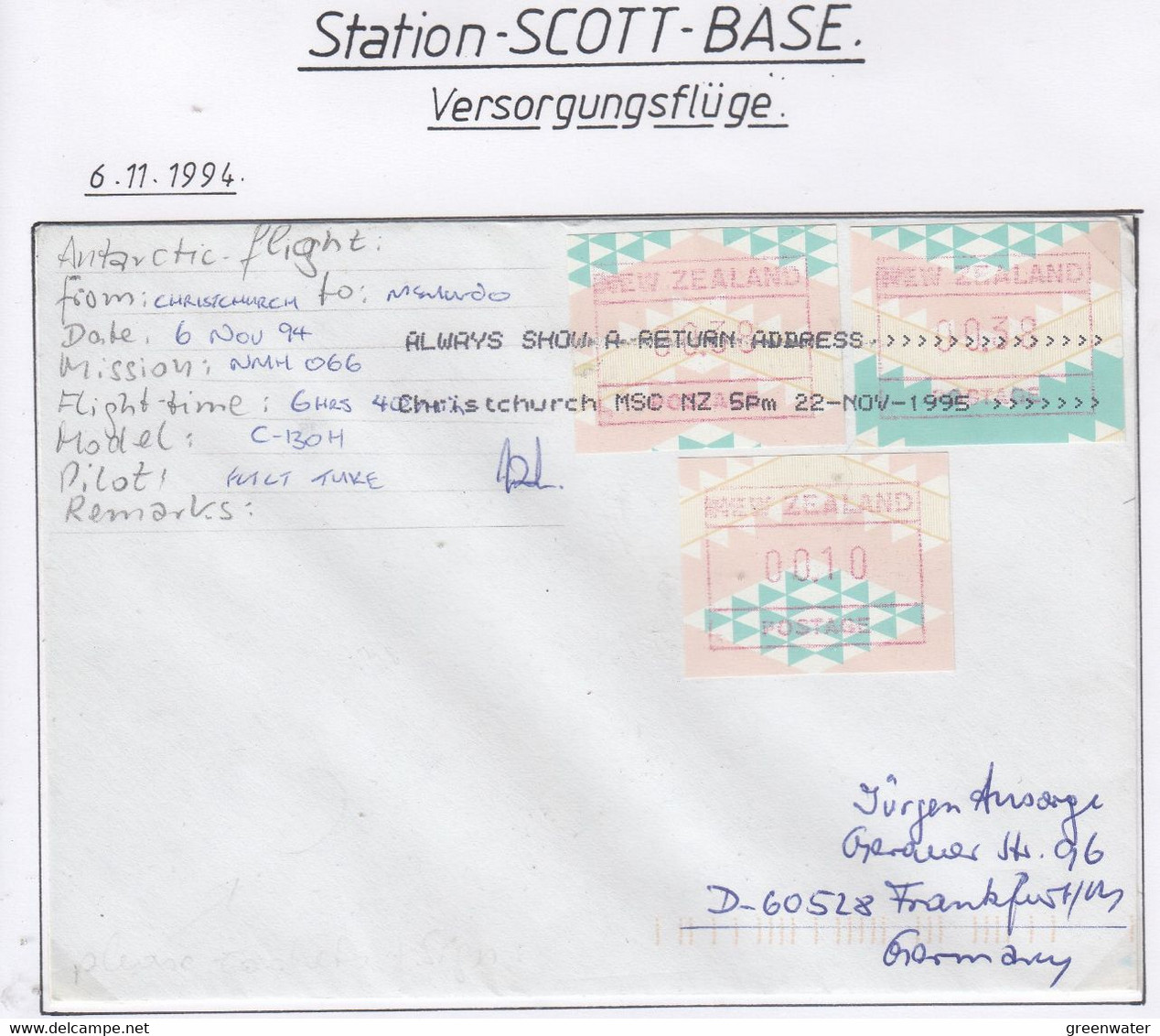 Ross Dependency Scott Base 1994 Antarctic Flight  Christchurch To McMurdo 6 NOV 94 Frama Labels Ca Christchurch(AF159B) - Vols Polaires