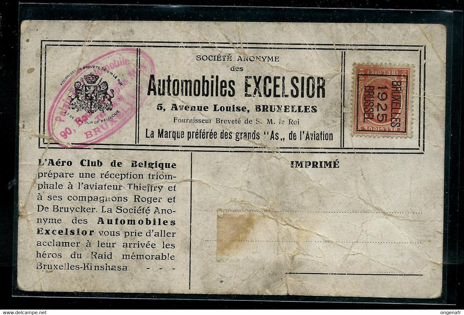 Carte Des Automobiles EXCELSIOR Bruxelles Avec Préo BXL 1925 - Typografisch 1922-26 (Albert I)