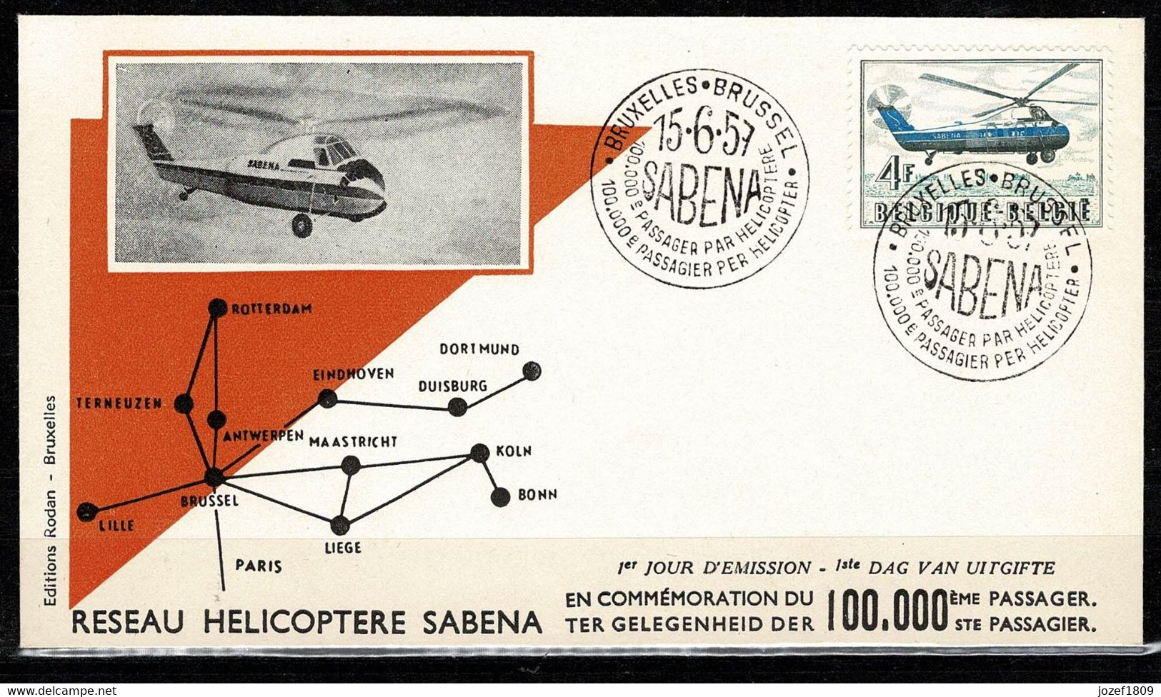 Special Cancelation 15.06.57  FDC  100,000th Passenger Helicopter Network SABENA - Helicópteros