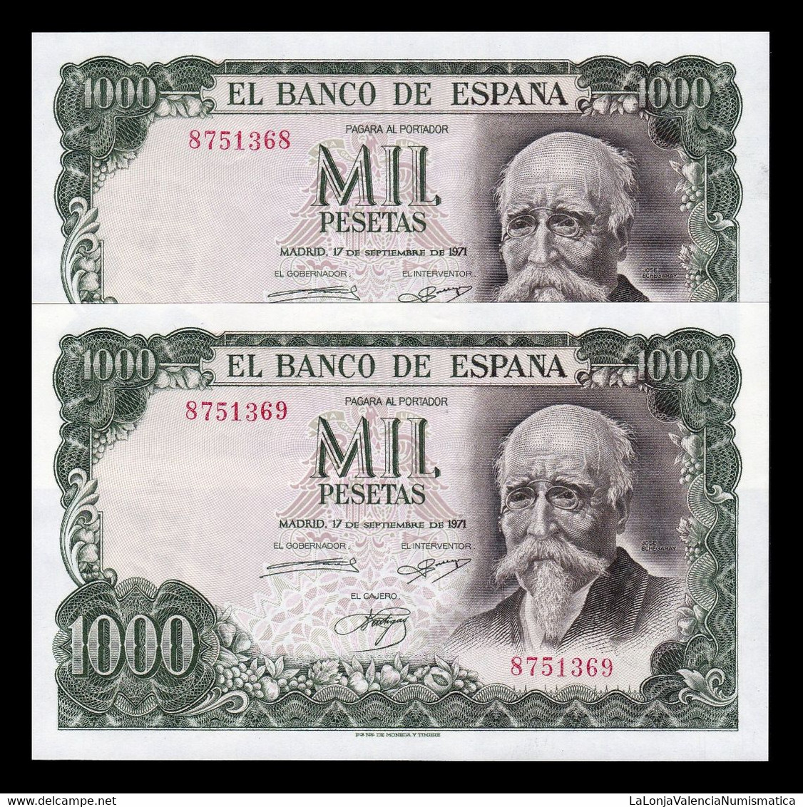 España Pareja 1000 Pesetas J. Echegaray 1971 Pick 154 Sin Serie SC- AUNC - 1000 Pesetas