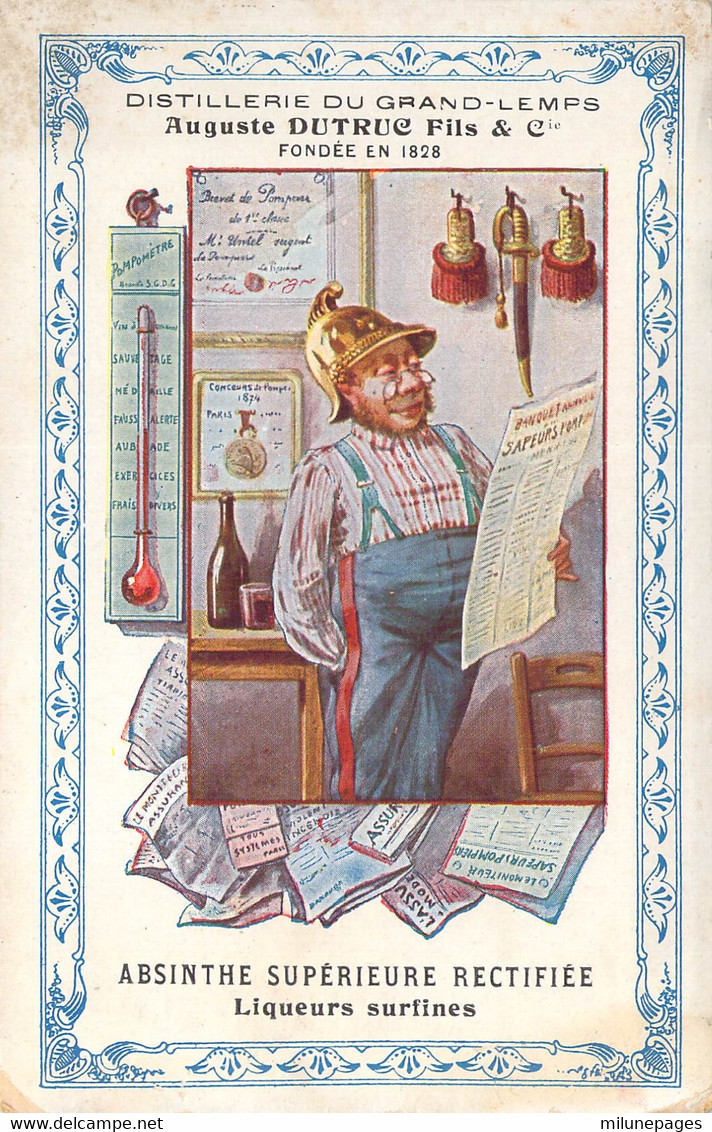 38 ISERE Carte Publicitaire Illustrée D'un Pompier Débonnaire Pour L'Absinthe Supérieure Rectifiée Dutruc Du Grand Lemps - Otros & Sin Clasificación